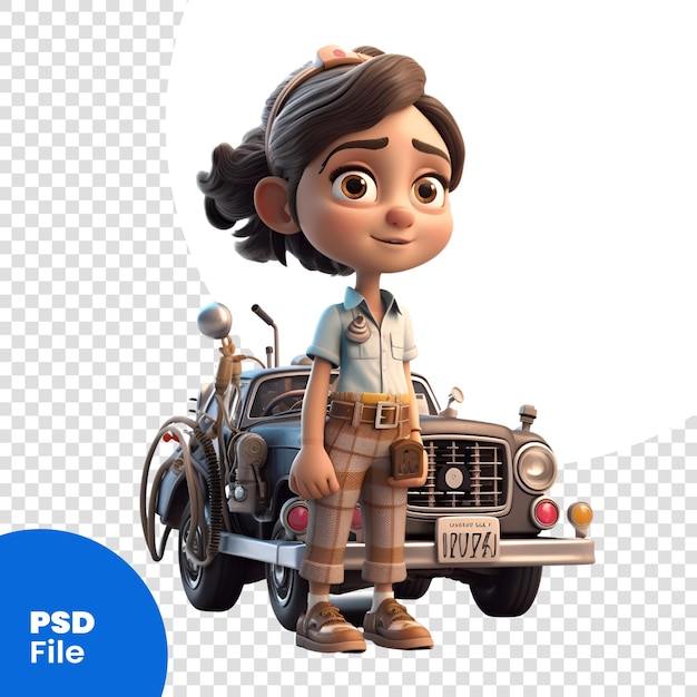 PSD representación digital 3d de una linda chica de dibujos animados con una plantilla psd de autos antiguos