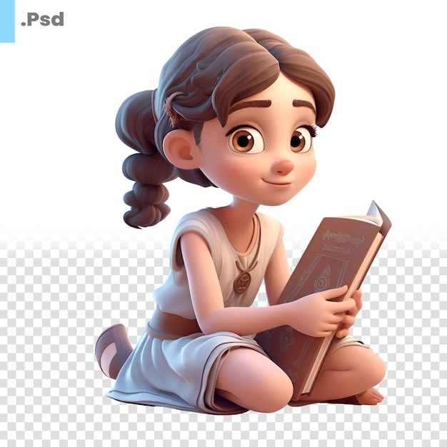 Representación digital 3d de una linda niña leyendo un libro aislado sobre fondo blanco plantilla psd