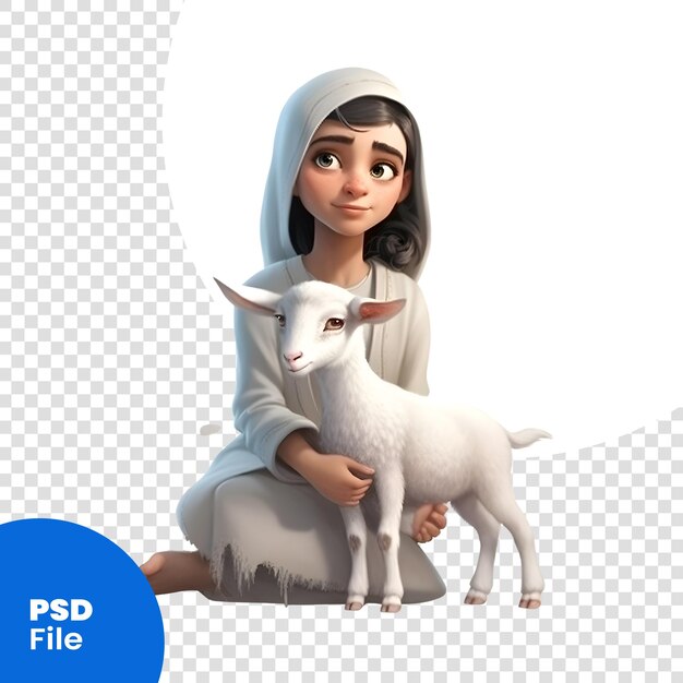 PSD representación digital 3d de una mujer musulmana con un cordero aislado en una plantilla psd de fondo blanco