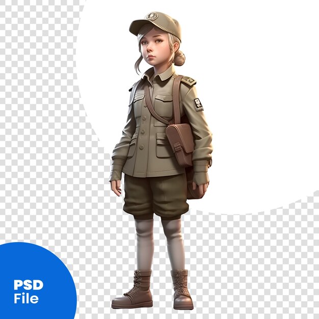 PSD representación digital 3d de una niña con uniforme militar aislada en una plantilla psd de fondo blanco