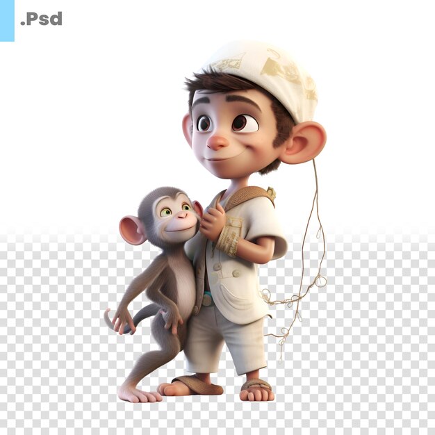 PSD representación digital 3d de un niño pequeño y un mono aislados en una plantilla psd de fondo blanco