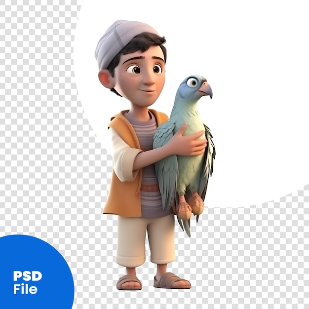 PSD representación digital 3d de un personaje de dibujos animados con un loro aislado en una plantilla psd de fondo blanco