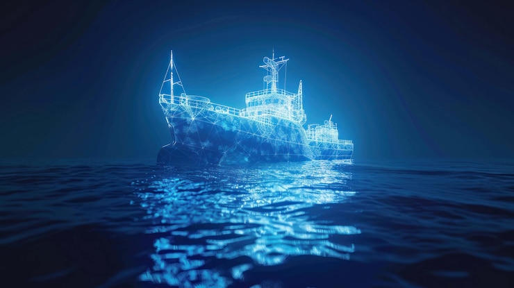 PSD una representación digital de un barco hecho de líneas brillantes navegando en el agua azul oscuro