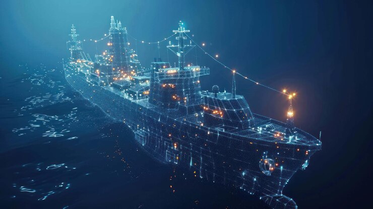 PSD una representación digital de un barco con luces brillantes y líneas que se asemejan a un modelo de marco de alambre que navega en un mar azul oscuro