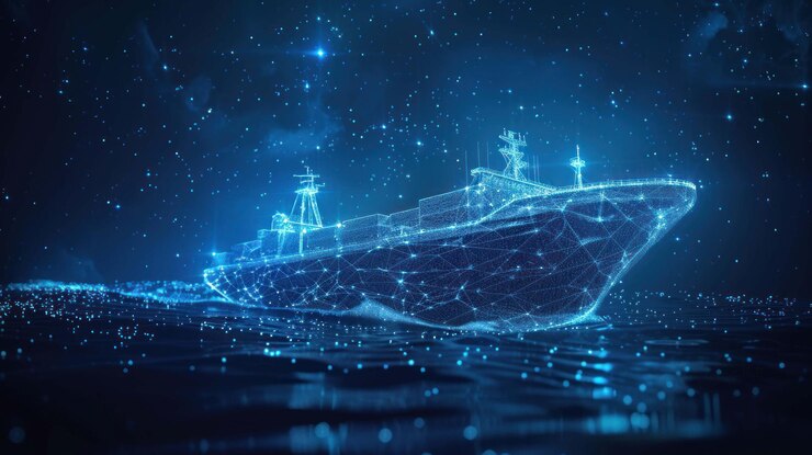 PSD una representación digital de un barco que navega en el océano representado por líneas y puntos brillantes en un fondo oscuro