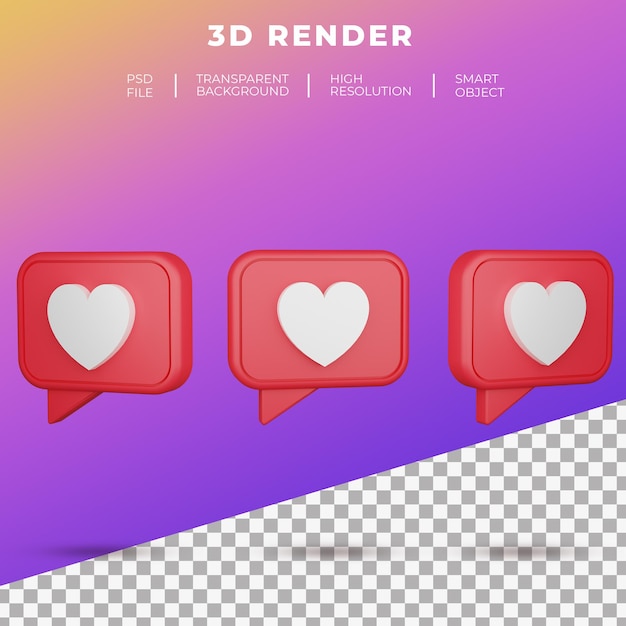 PSD representación del icono del botón del amor de las redes sociales emoji 3d