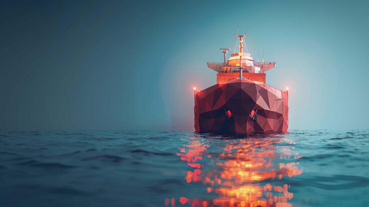 PSD una representación lowpoly de un barco de carga rojo navegando en el agua al anochecer