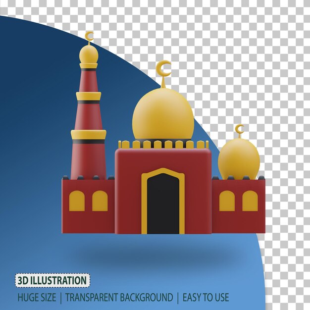 Representación de mezquita de icono de elemento islámico de ramadán 3d con fondo transparente