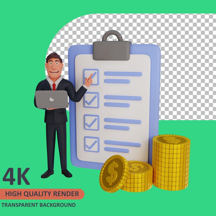 PSD representación de modelos 3d personaje de dibujos animados de empresario de pie mientras apunta al tablero de lista