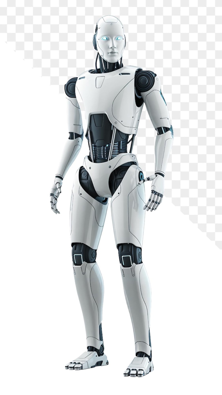 PSD una representación realista en 3d de un robot futurista con cuerpo metálico y características humanoides