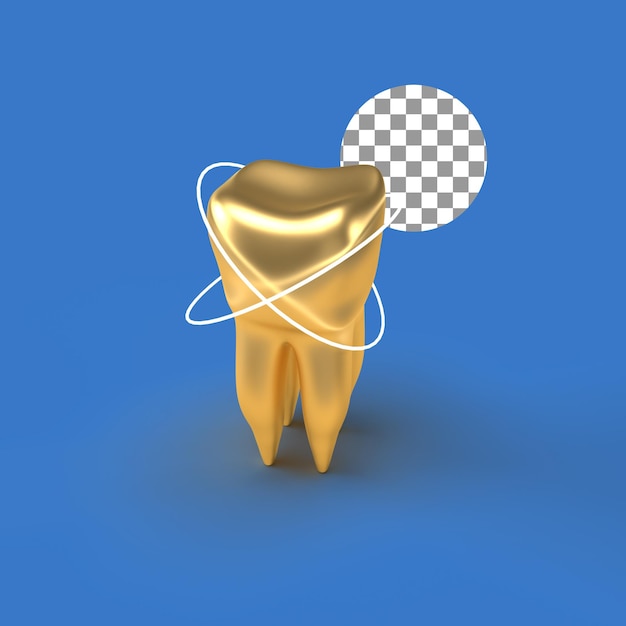 Representación realista de dientes de oro en 3d elemento de concepto dental y de salud el modelo dental de un diente