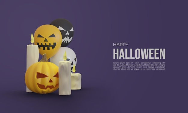 Representaciones 3d de halloween con calabazas, velas 3d y globos