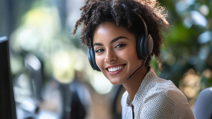 PSD une représentante du service à la clientèle souriante portant un casque au travail