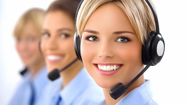 PSD representantes de servicio al cliente sonrientes con auriculares