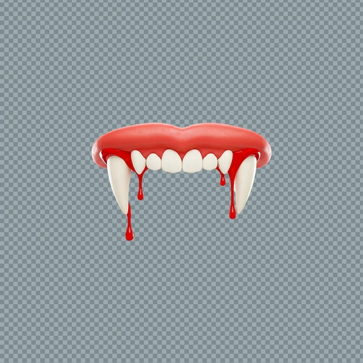 PSD une représentation dessinée de dents de vampire avec du sang qui coule sur un fond transparent png