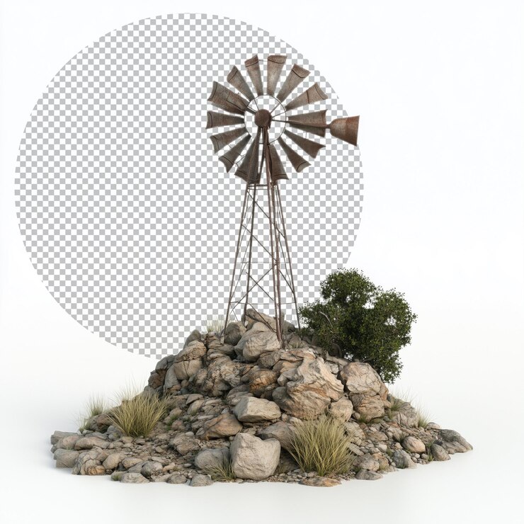 PSD reprodução detalhada de um moinho de vento do deserto em fundo isolado