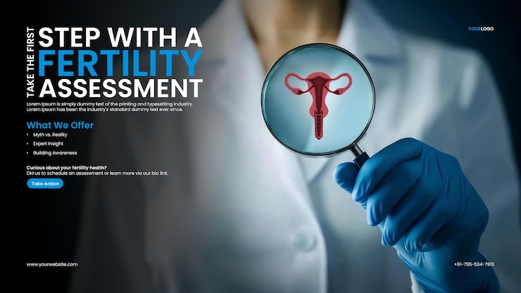 PSD reproductive health sperm bank banner template with gloved hand holding magnifying glass over female uterus icon on white coat with pink ribbon
