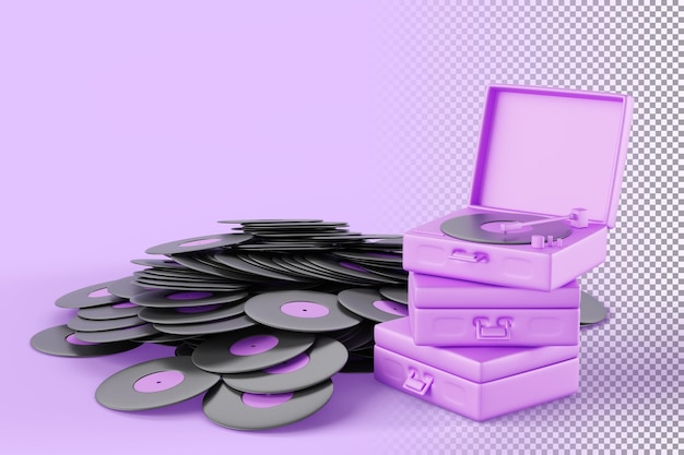 Reproductor de discos retro y pila de discos de vinilo negro sobre fondo púrpura 3d render Vintage viejo tocadiscos con discos lp para escuchar música cartón monochrome banner para fiesta de disco 3D ilustración