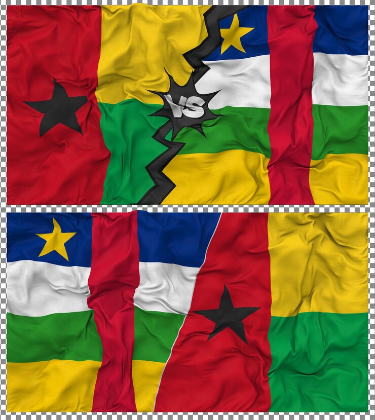 PSD república centro-africana contra guiné-bissau meia bandeira combinada textura de tecido de bump 3d rendering