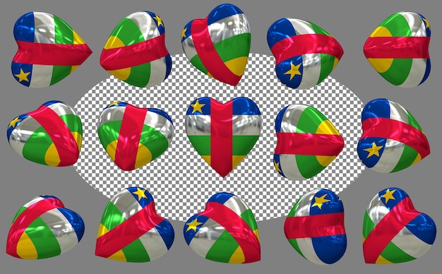 República Centroafricana 3D Bandera del corazón aislada en diferentes posiciones Renderizado en 3D