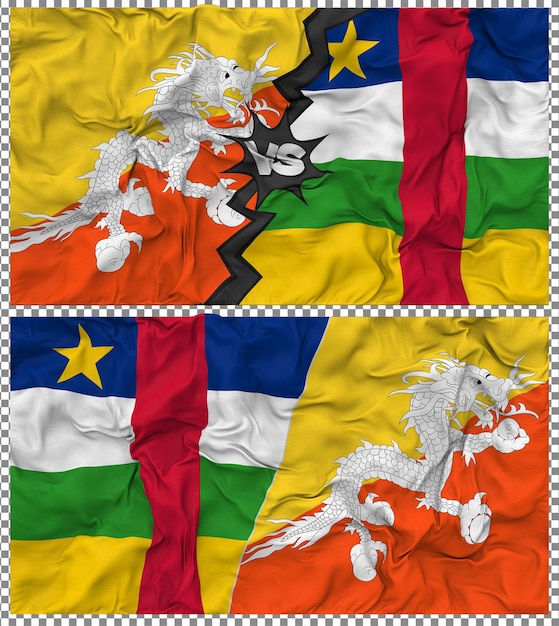 República Centroafricana contra Bután Media bandera combinada con textura 3D de la tela
