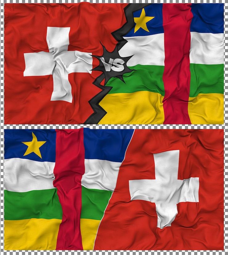 PSD república centroafricana contra suiza media bandera combinada con textura 3d de la tela