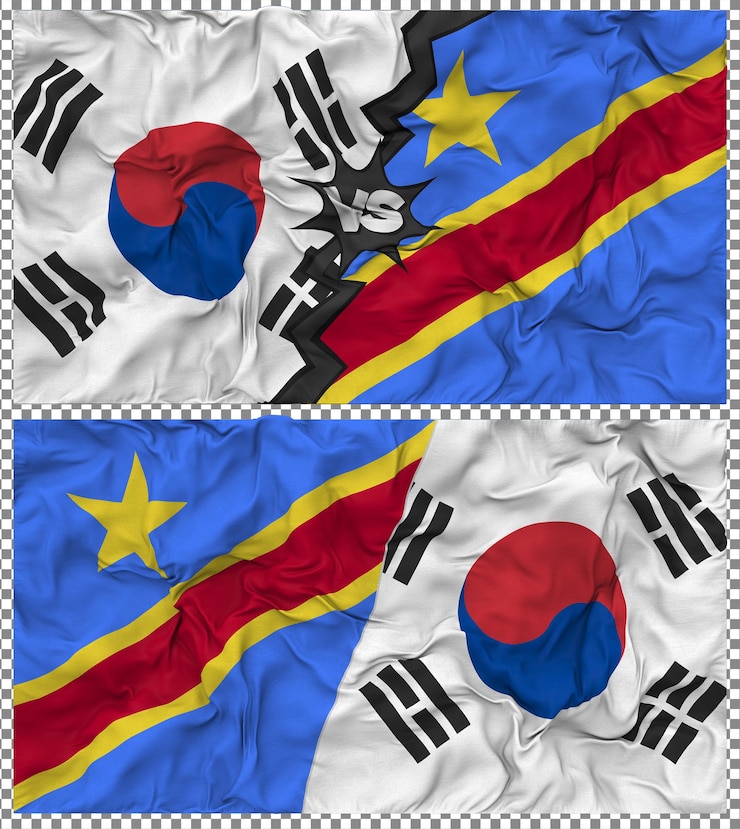 PSD república democrática del congo contra corea del sur media bandera combinada tela golpea textura renderización en 3d