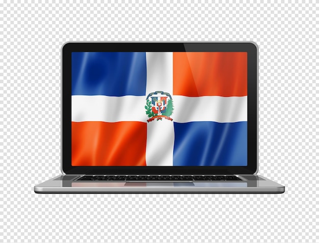 República Dominicana bandera en la pantalla del portátil aislado en blanco ilustración 3D