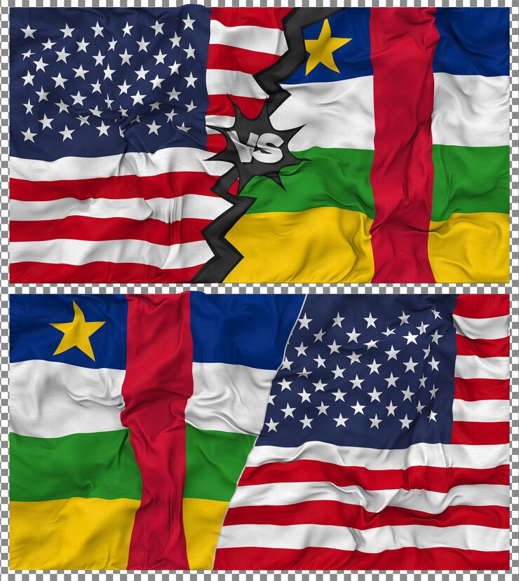 PSD république centrafricaine contre les états-unis half combined flag cloth bump texture rendering 3d