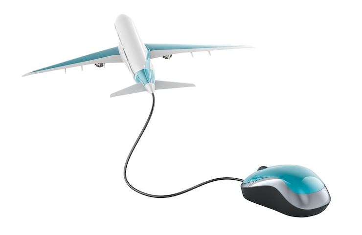 PSD reserva de billetes de avión en línea concepto de avión con ratón de computadora renderización 3d