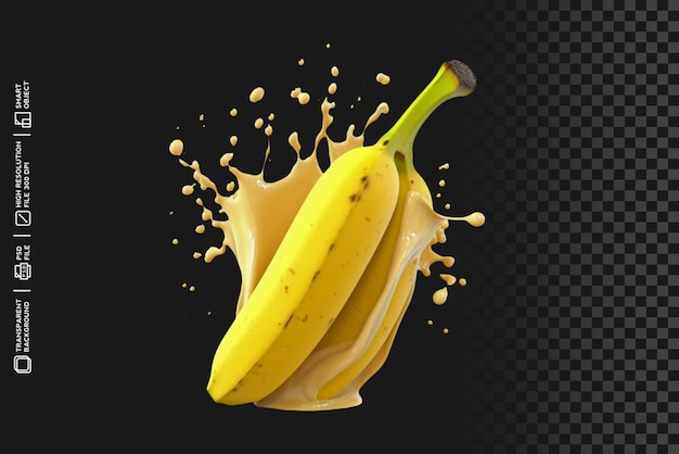 Respingo de Banana Vibrante com Líquido Amarelo em Fundo Isolado Transparente