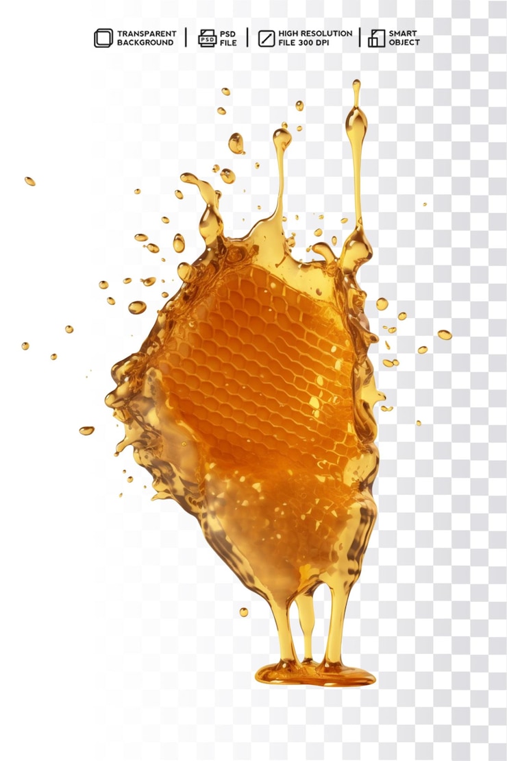 PSD respingo de renderização 3d de mel com um favo de mel em um fundo transparente