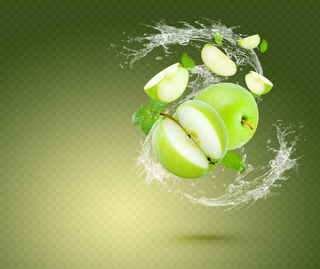 Respingos de água na maçã verde fresca com folhas de hortelã, isoladas sobre fundo verde. PSD Premium