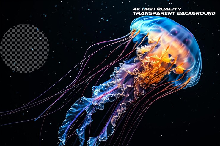 PSD el resplandor etéreo de una medusa bioluminescente sobre un fondo transparente