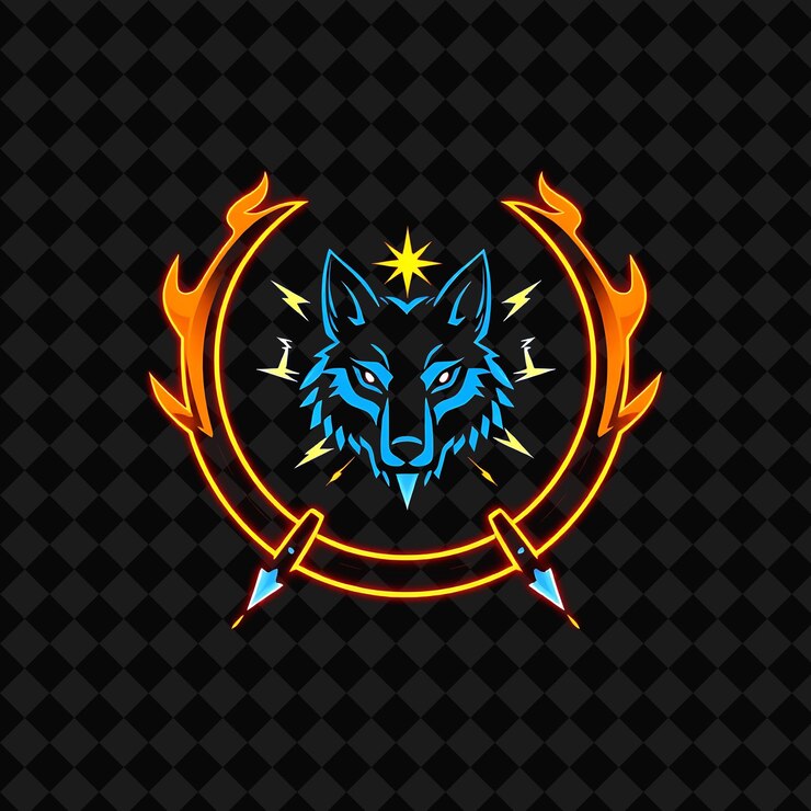 PSD el resplandor de neón que rodea una insignia en forma de media luna con puntas de llama en el interior es un wolfs h
