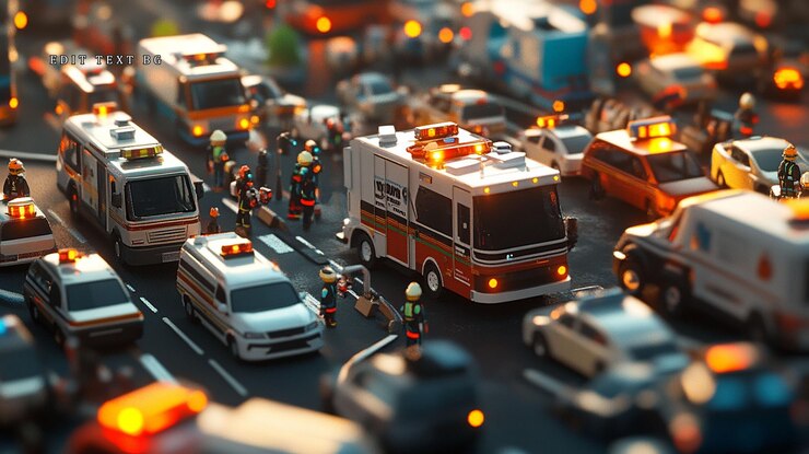 PSD respondeores de emergencia en miniatura atendiendo a la escena del accidente en una autopista concurrida