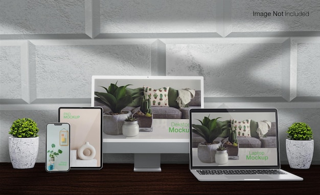 Responsive Multi-Geräte realistisches Dekstop-Telefon-Laptop- und Telefon-Naturmodell-Design PSD