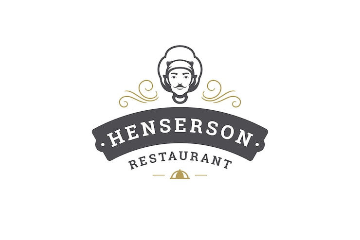 PSD restaurant de luxe modèle de conception de logo monochrome vintage chef de cuisine masculin ruban décoratif