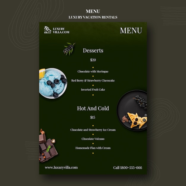 Restaurant-Menüvorlage für Luxus-Ferienwohnungen