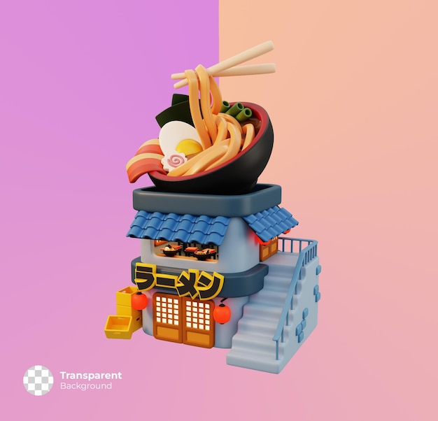 Restaurant de nouilles ramen petite icône de boutique isolée. Concept de bâtiment de magasin mignon minimal. Rendu 3D