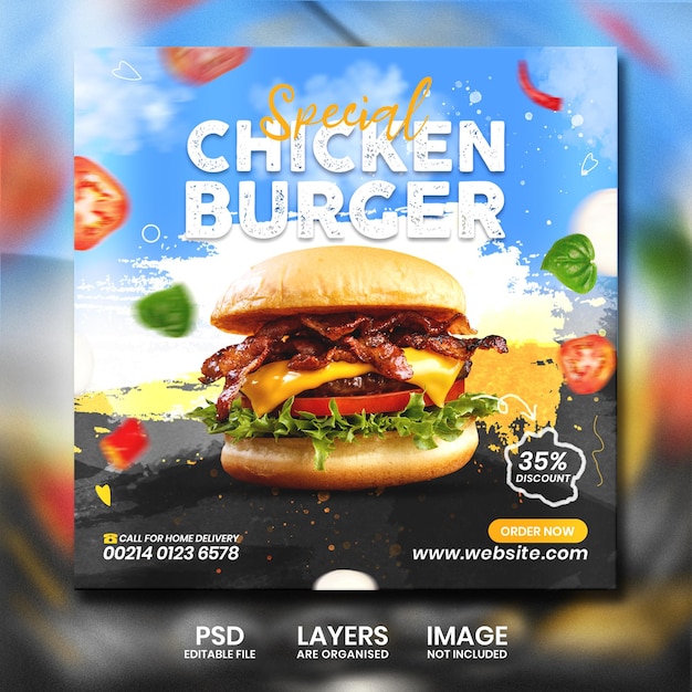 Restaurant spezielle chicken burger social-media-werbeposten-banner-design