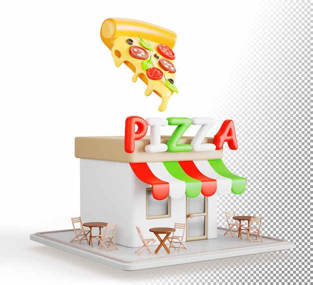 Restaurante de pizzeria isométrica, edifício de café de fast food, restaurante de café 3D, bistro italiano com mesas e assentos na rua, estande de pequenas empresas com pizza e dossel listrado exterior