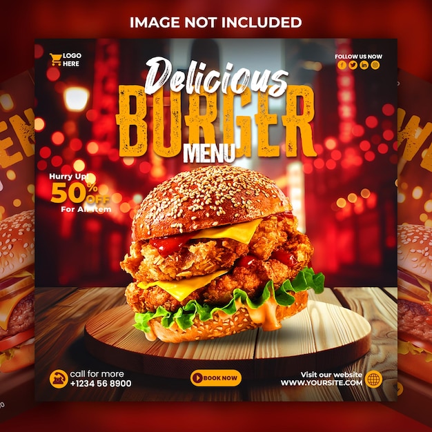 PSD restaurante delicioso comida de hambúrguer promoção de mídia social e modelo de design de postagem de banner do instagram