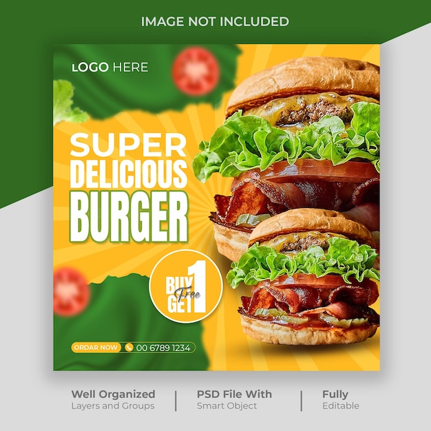 PSD restaurante hambúrguer comida postagem de banner de mídia social e modelo de promoção