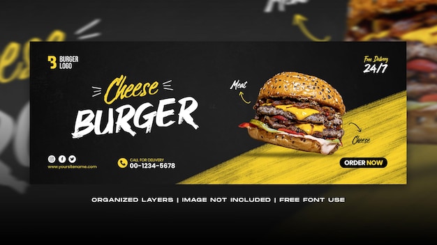 Restaurante hamburguesa queso promoción de comida redes sociales página de portada de facebook plantilla de banner web