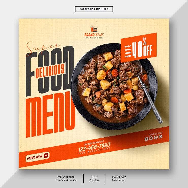 PSD restaurante y menú de comida banner de redes sociales o plantilla de publicación de instagram