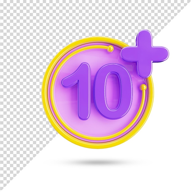 Restricción de edad 10 Plus 3d icono en fondo transparente. Diez más símbolo y signo 3d.