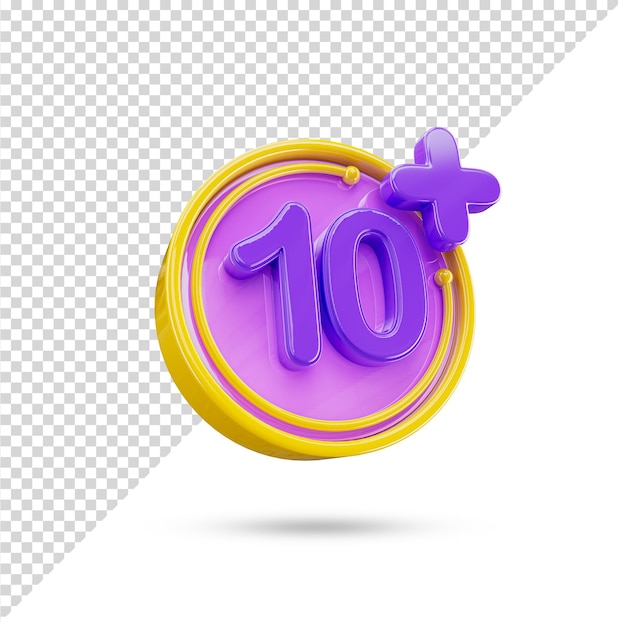 Restricción de edad 10 Plus 3d icono en fondo transparente. Diez más símbolo y signo 3d.