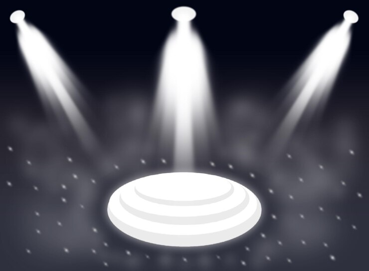 PSD resumen de escenario vacío con focos iluminados en blanco
