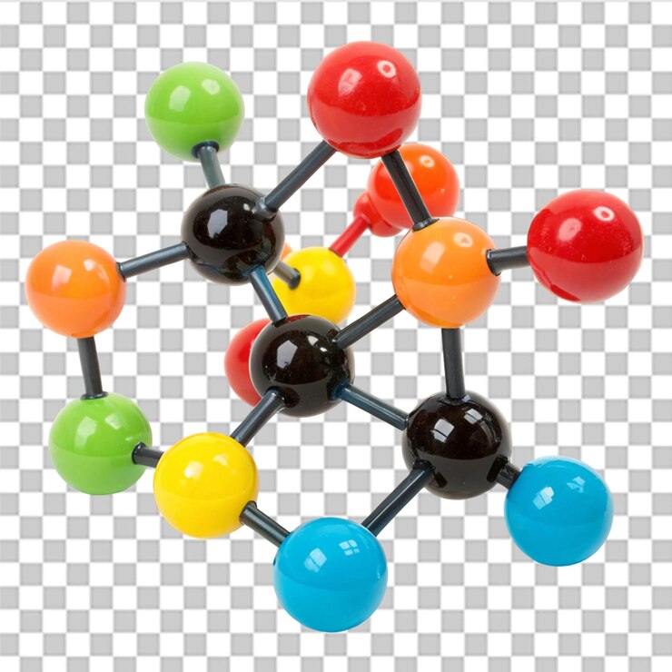 PSD resumen estructura molecular con esferas de colores aisladas en un fondo transparente